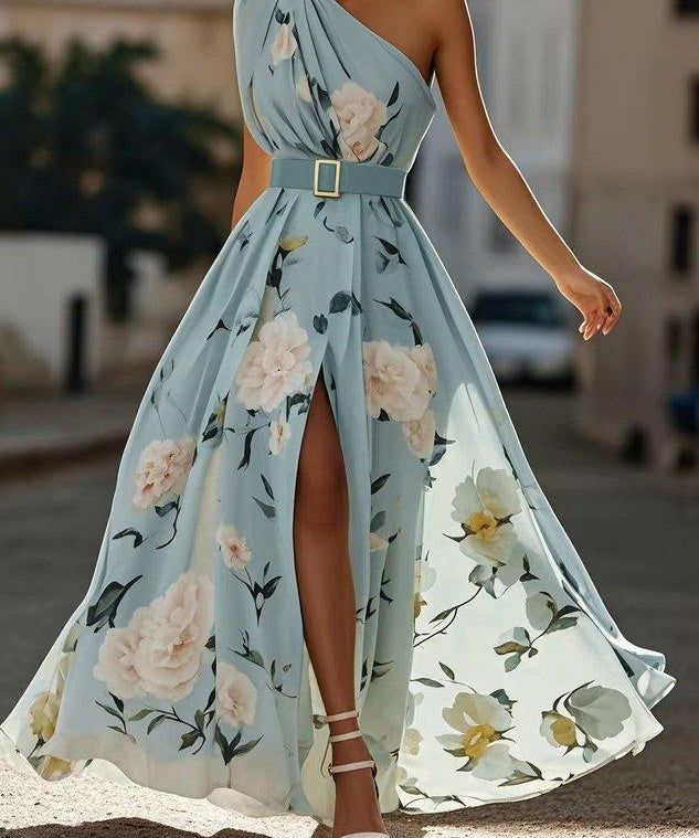 Julie | Svijetlozelena Cvjetna Chiffon Haljina na Jedno Rame