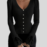 Zoja - Rebrasta Majica S V-Izrezom I Čipkastim Rukavima