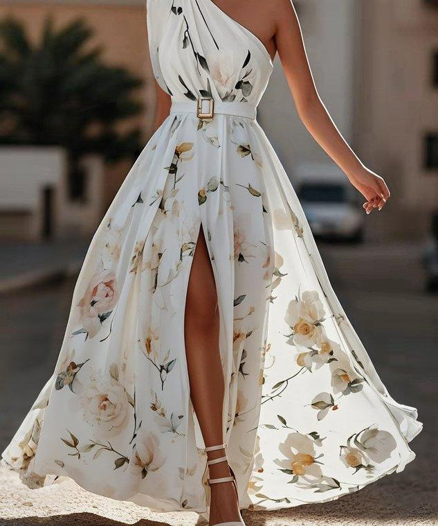 Julie | Svijetlozelena Cvjetna Chiffon Haljina na Jedno Rame
