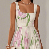 Marie | Bijela plisirana cvjetna chiffon maxi haljina