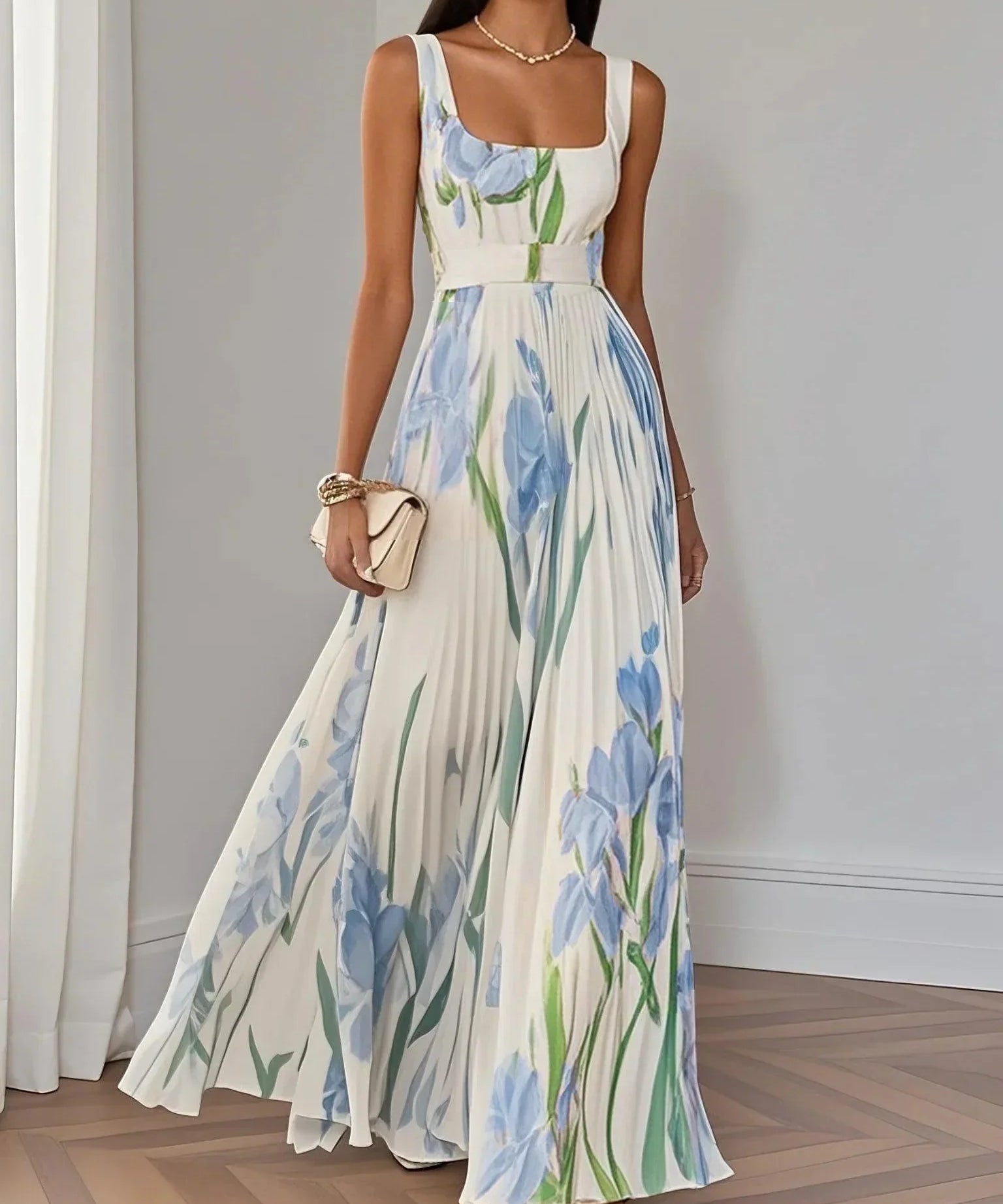 Marie | Bijela plisirana cvjetna chiffon maxi haljina