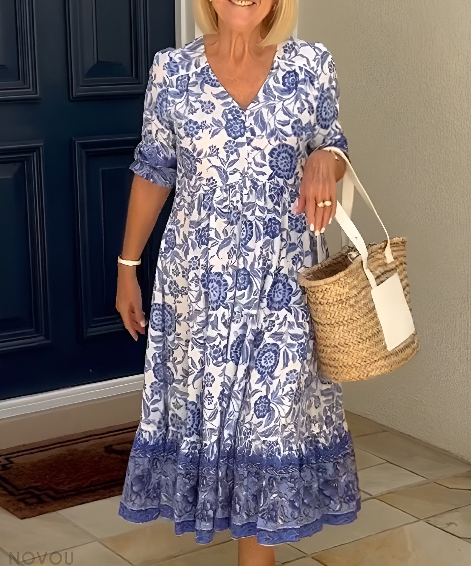 CATHY – Elegantna Cvjetna Haljina s V-izrez
