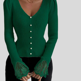 Zoja - Rebrasta Majica S V-Izrezom I Čipkastim Rukavima