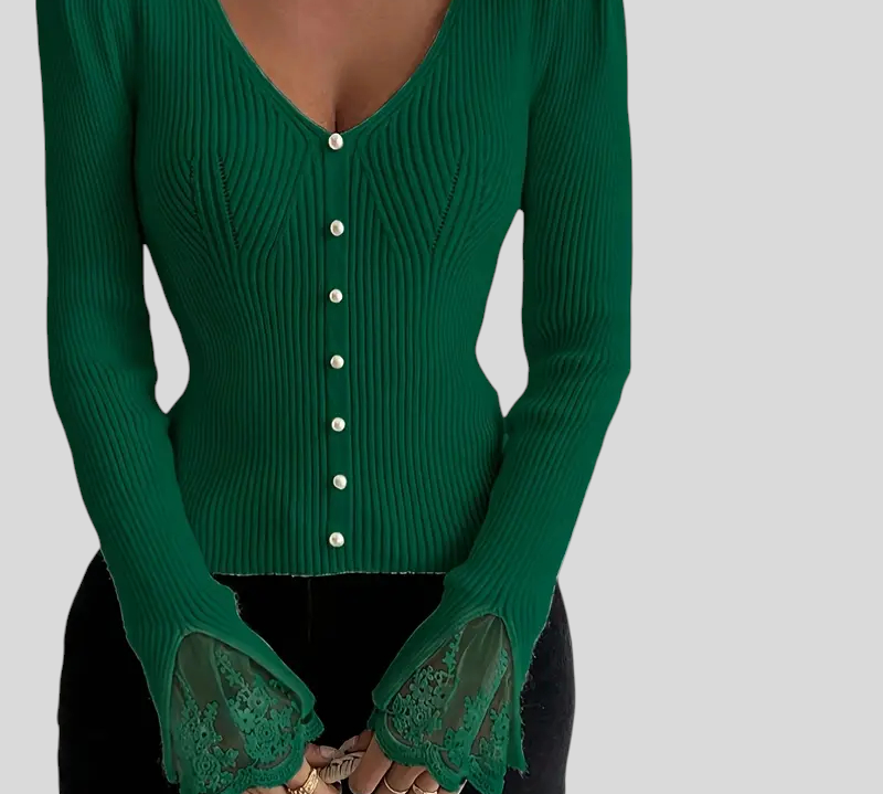 Zoja - Rebrasta Majica S V-Izrezom I Čipkastim Rukavima