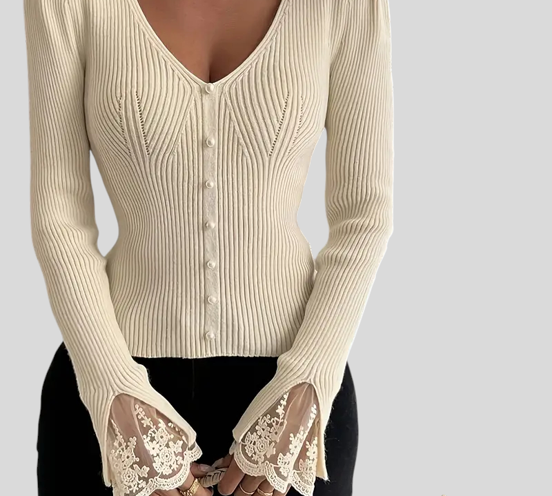 Zoja - Rebrasta Majica S V-Izrezom I Čipkastim Rukavima