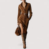 Elvia™ | Midi haljina od brušene kože s jednim kopčanjem, reverom i dugim rukavima