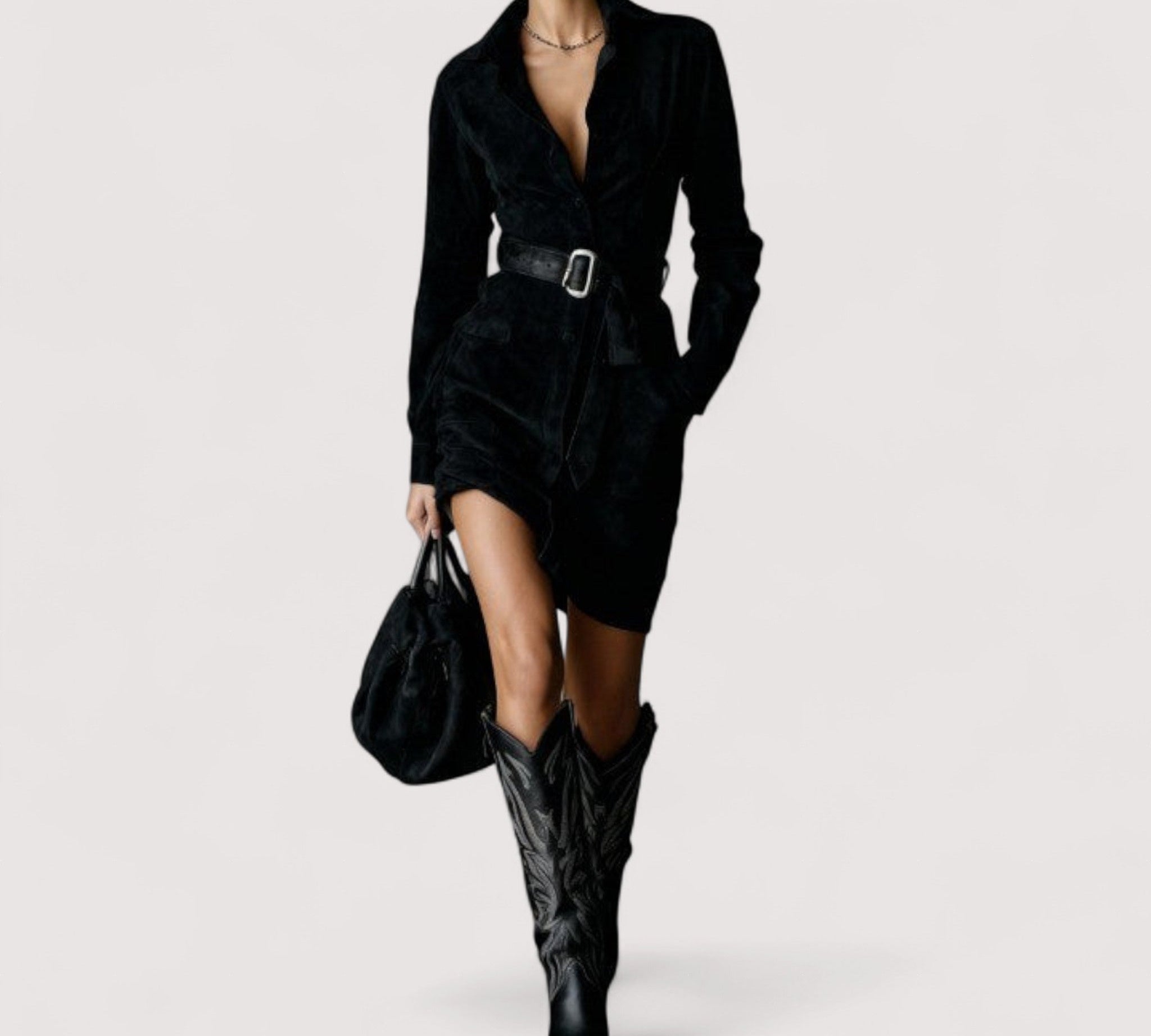 Elvia™ | Midi haljina od brušene kože s jednim kopčanjem, reverom i dugim rukavima