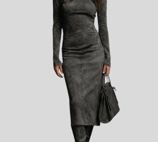 Ilaria – Midi Haljina Od Brušene Kože S Visokim Ovratnikom I Dugim Rukavima