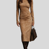 Ilaria – Midi Haljina Od Brušene Kože S Visokim Ovratnikom I Dugim Rukavima