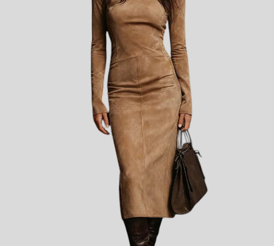 Ilaria – Midi Haljina Od Brušene Kože S Visokim Ovratnikom I Dugim Rukavima