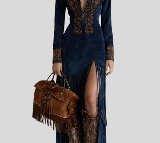 Brigita - Izvezena Maxi Haljina Od Umjetne Brušene Kože S Polovičnim Patentom