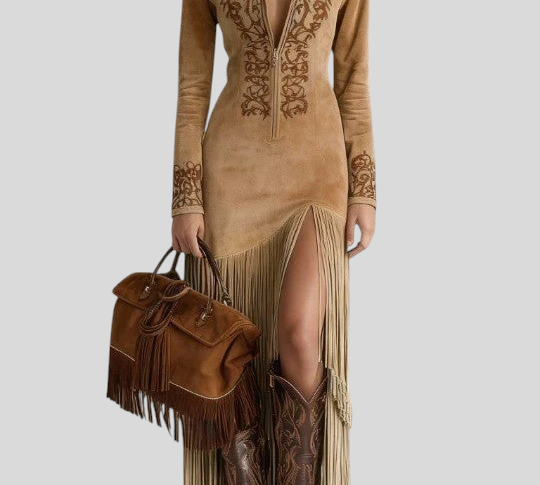 Brigita - Izvezena Maxi Haljina Od Umjetne Brušene Kože S Polovičnim Patentom