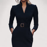 Nora™ | Elegantna crna haljina s remenom i mandarin ovratnikom