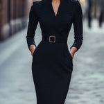 Kloey – Elegantna midi haljina s remenom i ovratnikom - Crna