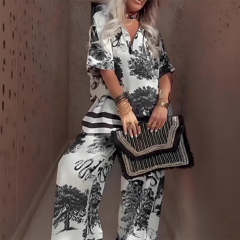 Amber™ | s uzorkom V-izrez gornji dio & duga hlače set